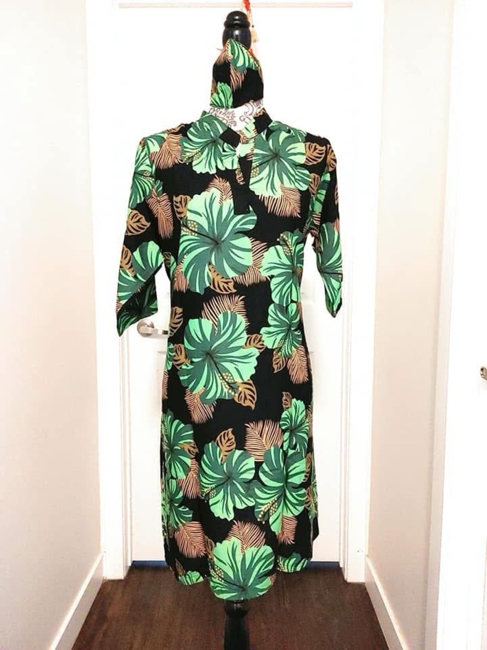 Black Midi Dress with Tropical Green Leaf Print